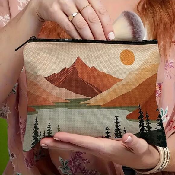 Mountain Sunset Landscape Cosmetic Bag - Vintage Nature Design 8x7 - Picture 4 of 12